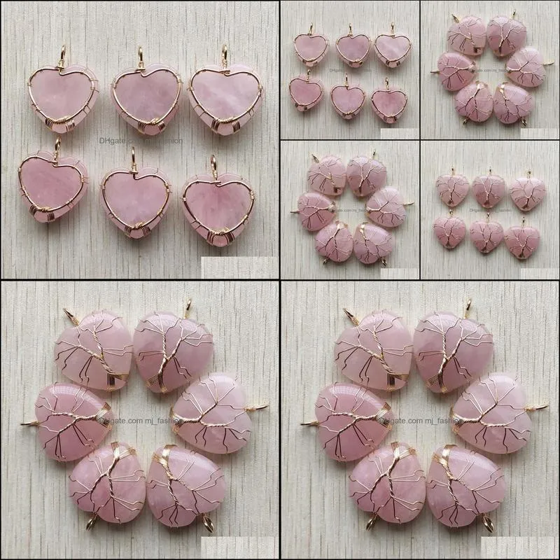 natural roses quartz stone charms tree of life golden wire wrapped love heart pendants for necklace jewelry marking mjfashion