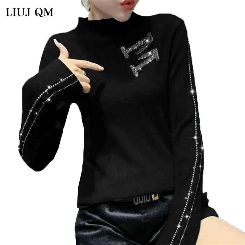 Zima Tshirt Plus Size Half High Collar Sweter Dzianiny Kobiety Koreański Moda Długi Rękaw Slim Bloting Top 220408