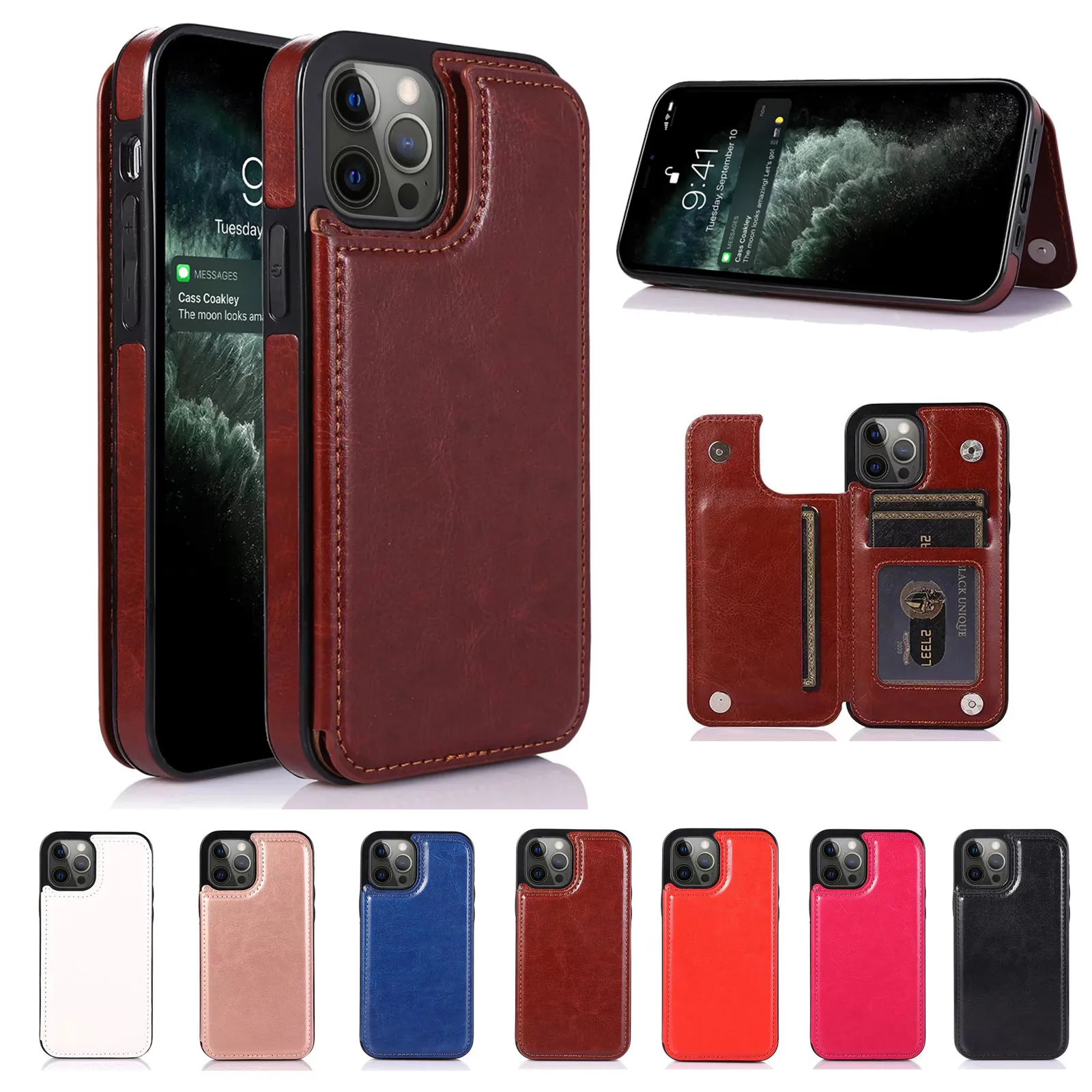 Fundas delgadas de cuero de lujo con ranuras para tarjetas para iPhone 13 Pro Max 15 14 12 11 XR XS X 8 7 Plus Funda con tapa para teléfono