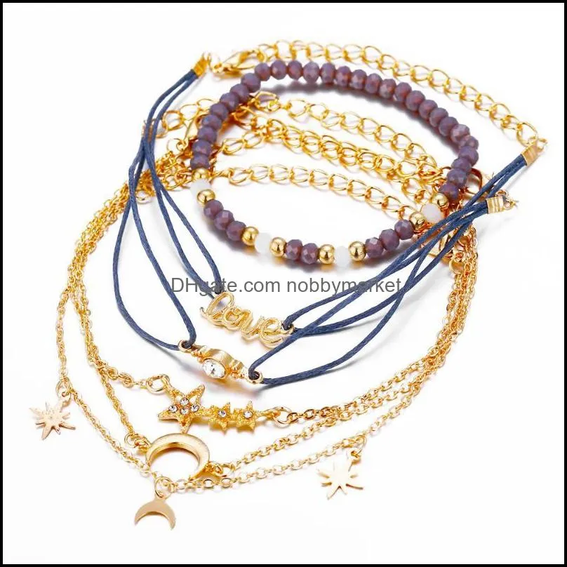 Charm Bracelets Love Star Moon Bracelet Set Multilayer Rope Chain Beaded Gold Color Hand Aceessories For Women