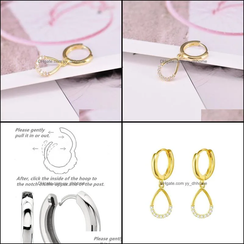Sterling Silver Water Drop Hanging Earrings For Women Crystal Huggies Small Hoops Cute Korean Daily Jewelry Hoop & Huggie