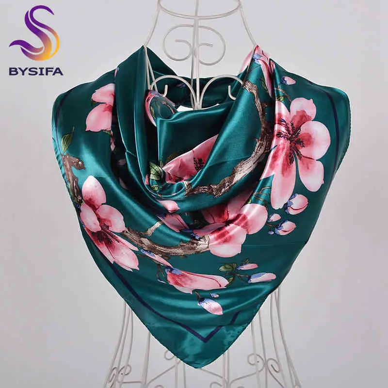 Bysifa Dark Green Scarves Women Fashion Brand Square Satin Silk Scarf Cape Fall Muslim Ladies Neck Scarves Hijabs Wraps J220713
