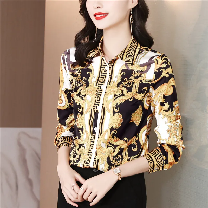 Luxus Vintage Barock Druck Blusen Frauen Langarm Revers Taste Hemd Büro Damen Silk Print Shirts 2022 Frühling Herbst Woman235w