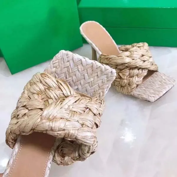 Designer-Frau Vamp gewebter Slipper mit hohen Absätzen, Designer-Schuhe, modische, lässige Flip-Flops von höchster Qualität, Größe 35–42, mit Box