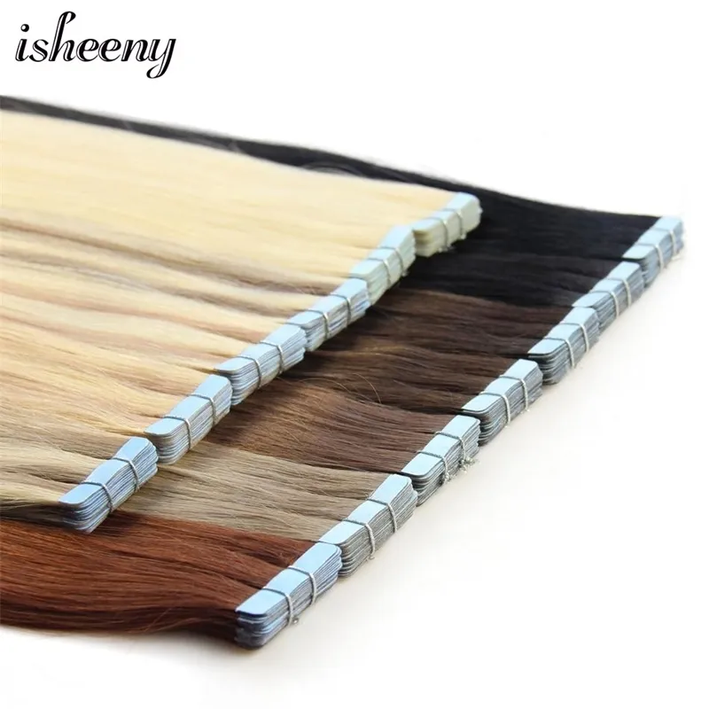 Isheeny Blont Människohår Tejp I Extensions European Natural Skin Weft 12"-24" Svart Brun 100% Real W220401