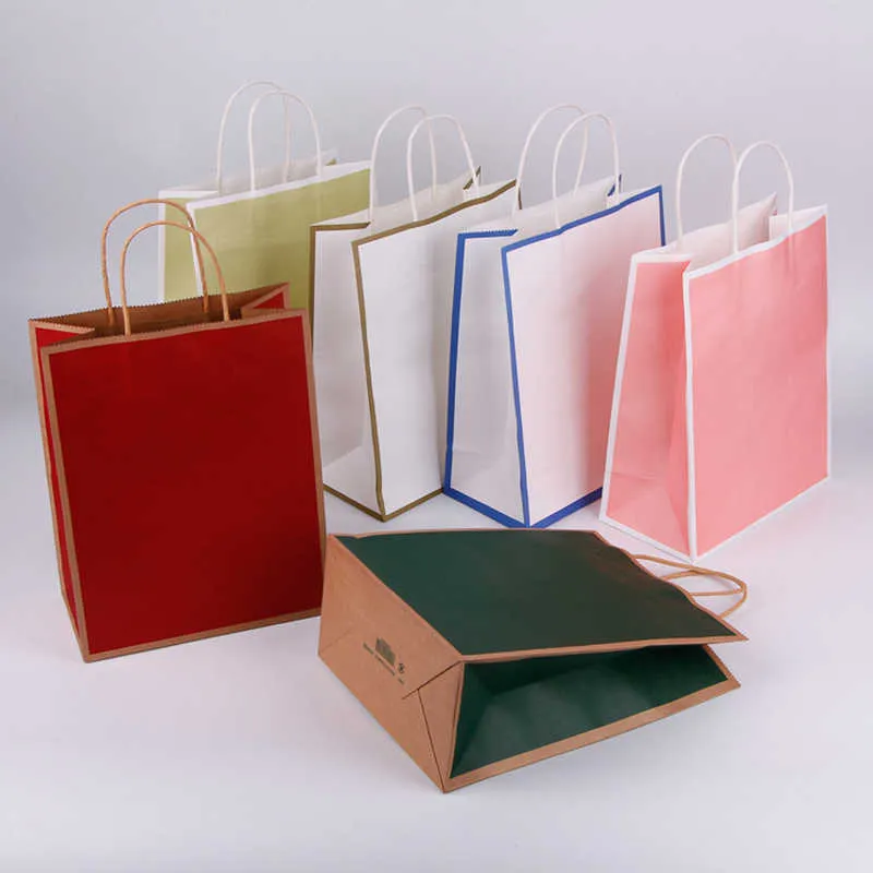 Çok işlevli renkli kraft kağıt sargısı çanta dayanıklı tutamaklar festival yüksek kaliteli alışveriş çanta doğum günü düğün hediye çantaları özelleştirilebilir logo