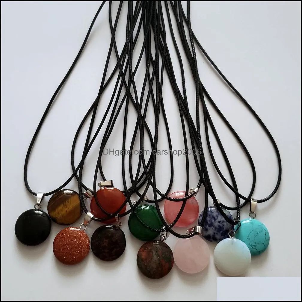 wholesale 24pcs/lot mixed natural stones pendants round pendulum leather chains necklace reiki fashion jewelry 20mm
