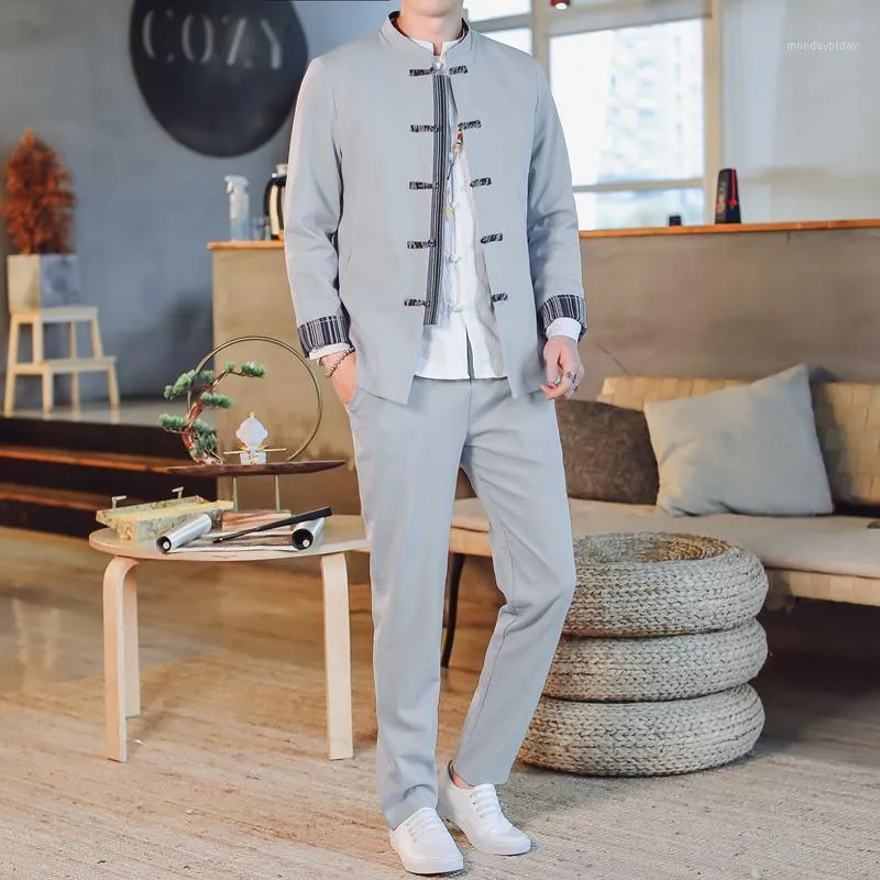 Ternos masculinos Blazers Plus Size Men Men Blazer formal 2022 Design Slim Fit Button Suit Tunic Set Pure Color Chinese Chinese Jaqueta calça