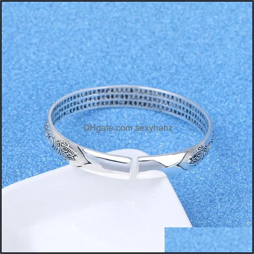 Thai Silver Bangles Buddhist Scripture Chinese Handwriting Bracelet Adjustable Fashion Women`s Jewelry Wholesale