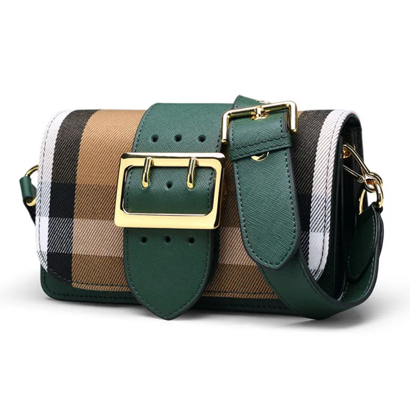 Women Bag Plaid Pattern Color Block Bag Golden Buckle Small Wide Shoulder Handbag Messenger Lady