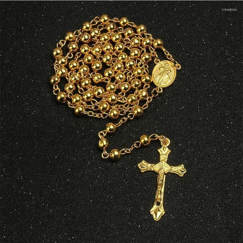 Pendentif Colliers Catholique 6MM Or Imitation Rose Collier Croix Rosaire Magnifique Collier SuspenduPendentif Sidn22