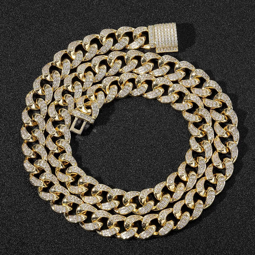 12 mm Iced Miami Diamond Cuban Link łańcuch Real 14k żółte złoto solidny pełny prawdziwy lodowiec 16-24-calowy biżuteria z cyrkonu sześciennego