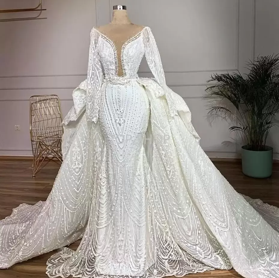 Elegant Mermaid Wedding Dress Long Sleeves, Beaded Jewel Neck Bridal  Gown, Custom Overskirt, Plus Size Wedding Dresses