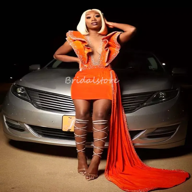 Luxury Orange Beaded Illusion Neck Short neon Orange prom dress with Ruffles - Aso Ebi Evening Gown for Black Girls - 2022 Cocktail Party Wear and