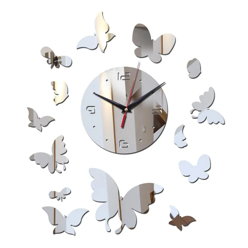 壁の時計diyミラーアクリル素材ステッカーバタフライデコレーションウォッチ幾何学的ブリーフスタイルのクォーツ