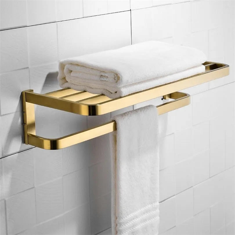 Wall Mounted Towel Rack With Shelf, Brushed Gold Stainless Steel