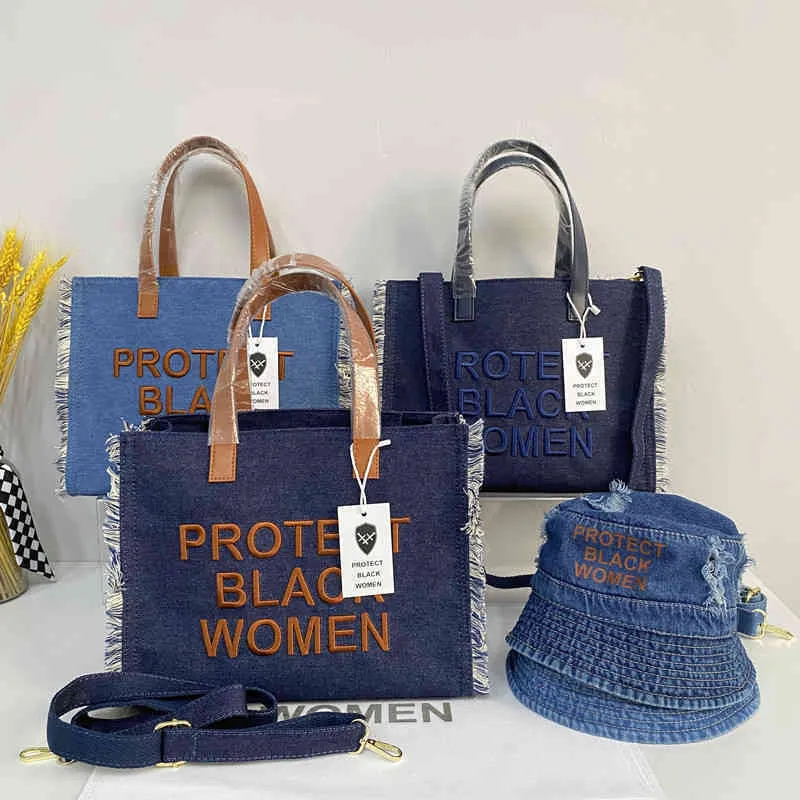 Totes 2 Pcs Protect Black Women Shopping Bags Lettre Broderie Denim Tote Bag Women's HandBag Grande Capacité Tote Bag Broderie Shopping Bag 220826