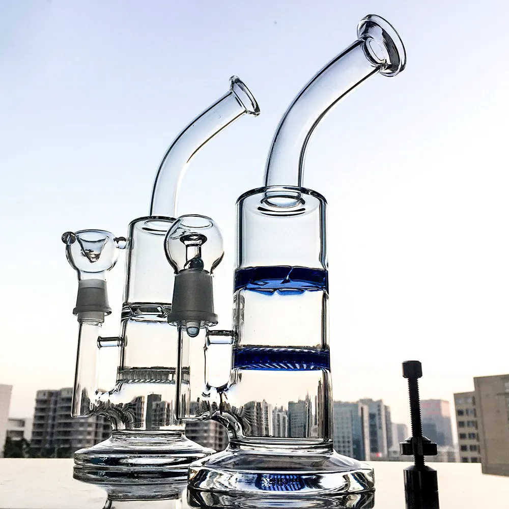 Wholesale Smoking Accessories Turbine Disc Hookahs Beecomb Perc Percolator Glass Bongs Blue Clear Water Pipes 18mm Male Joint Dab Oil Rigs WP101