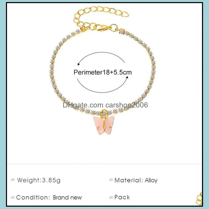 Sweet Cute Butterfly Anklet Rhinestone Crystal Ankle Bracelet Boho Beach Acrylic Anklets for Women Sandals Foot Bracelets