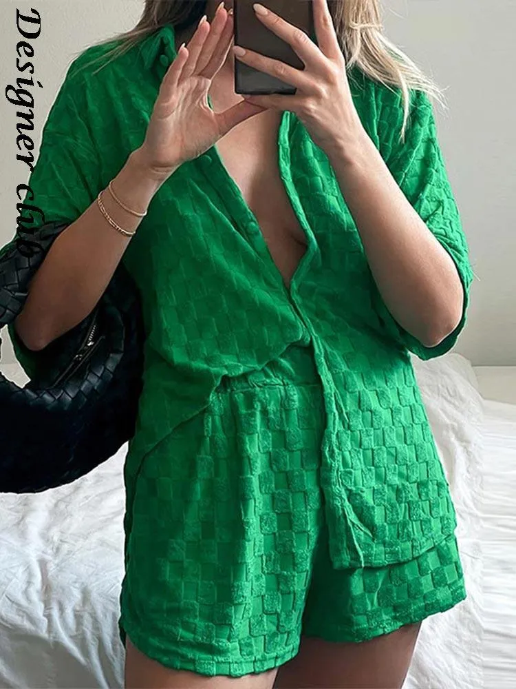Kadınların Trailtsuits Pamuklu Ekose Yeşil Şort Seti Kadın 2 Parçası 2022 Yaz Örme Kısa Kollu Gömlek Zarif Elastik Bel Kıyafetleri