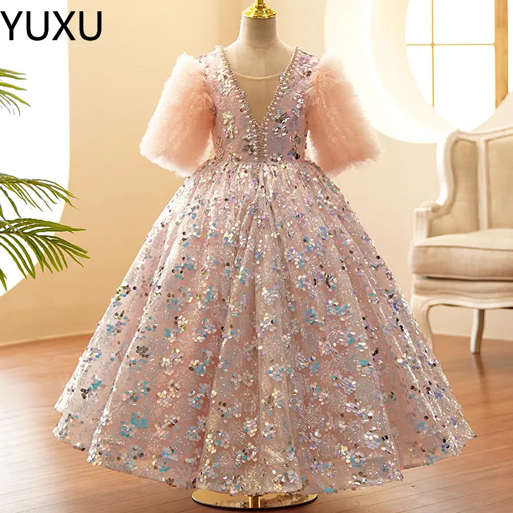 bling paillettes dentelle petits enfants robes de demoiselle d'honneur princesse bijou cou tulle appliques bouffantes florales formelles porte la robe de reconstitution historique de communion