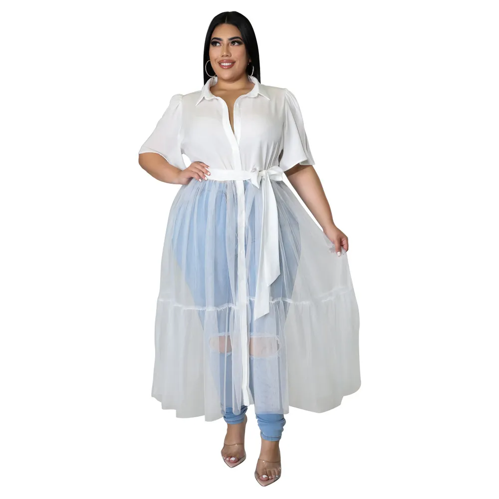 Camisas de tule plus size vestidos para mulheres de manga curta para baixo blusas tops malha retchwork ruched com cinto maxi vestido