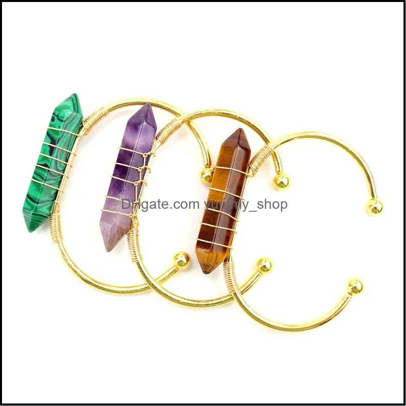 wire wrap natural stone hexagonal prisms bracelet opal amethyst aventurine pink crystal bangle bracelets for women jewelry