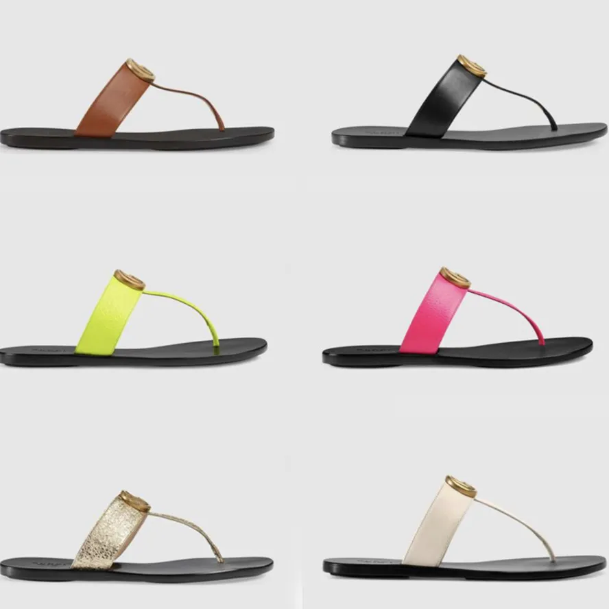 Lyxiga Designer Slides Flip-flops Läder string sandal med dubbelmetall Svart Vit Bruna tofflor Summer Beach Sandaler med BOX US11 NO6