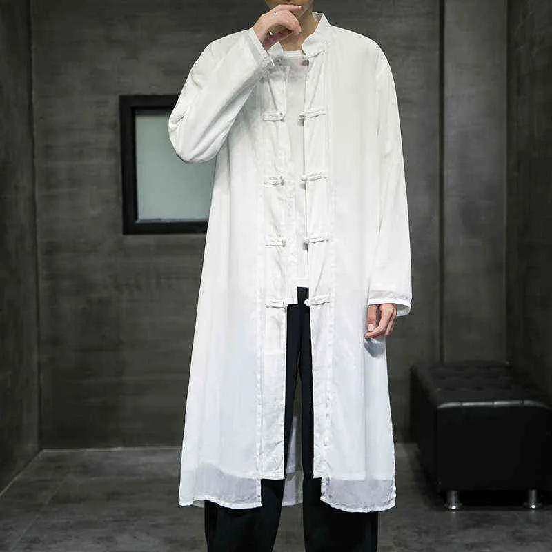 Automne hommes blanc lin Trench Coat 2022 hommes en vrac longue Type chinois coton coupe-vent mâle Mandarin col Cardigan Robe L220706