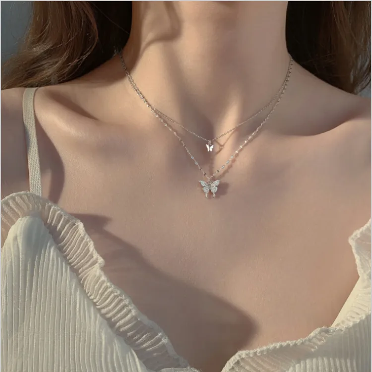 Collier papillon brillant plaqué argent coréen pour femmes, chaîne de clavicule Double couche exquise, bijoux