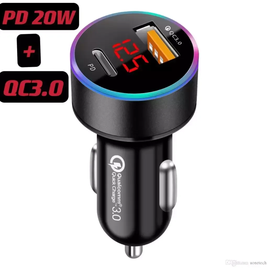 빠른 충전기 듀얼 포트 QC 3.0 PD 20W LED 라이트 디지털 감지 USB 자동차 충전기 전력 어댑터