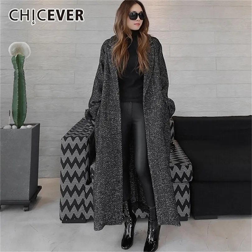 Chicever Autumn Winter Women's Coats Female Jackets Lapel Long Sleeve Loose Overize Black Lace Up Coat Fashion Casual Clothes 201221