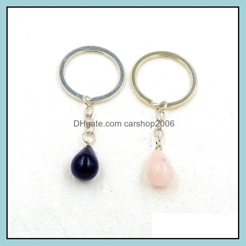 fashion waterdrop natural stone pendant keychain natural quartz stone key rings pink crystal key chains accessories