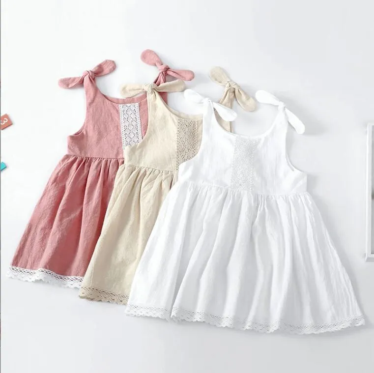 INS Styles Dress Girl Dress Kids Summer 100% algodão suspenso de cor sólida com design de renda Princess casual elegante vestidos