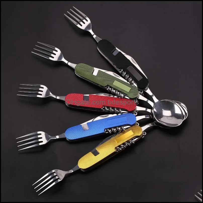 Multifunctional Folding Knife Dinnerware Sets Portable Combination Folding Cutlery Keychain Pendant Outdoor Camping Tools 5 Colors