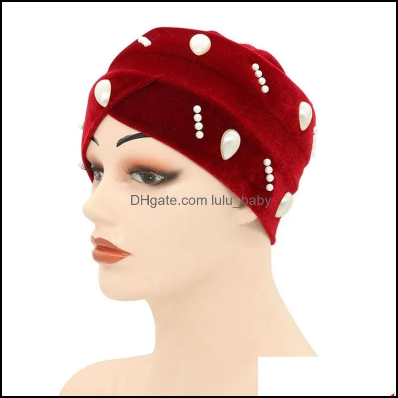 women girl solid color elastic caps bandanas pearl hats turban head wrap headwear fashion hair accessories