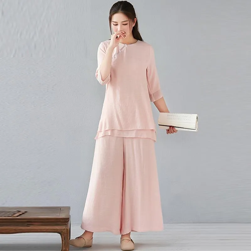 Этническая одежда в китайском стиле 2 куски женских нарядов Cheongsam Top + Широкие брюки для ног набор Tang Elegant Two Summer 30795