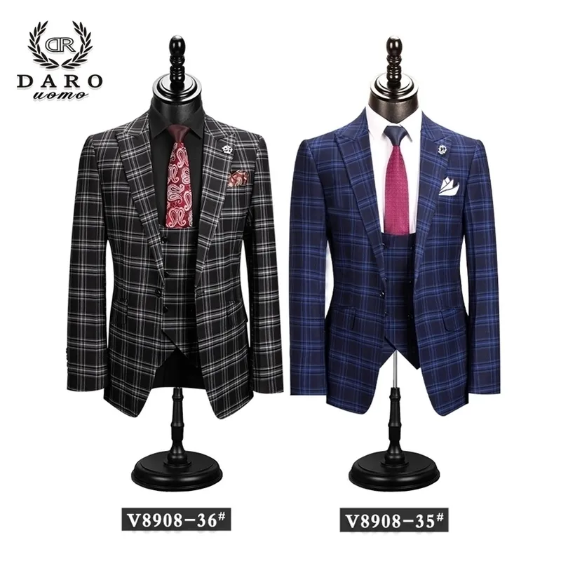 Erkekler Daro Style Check Ceket Yelek Pantolon 3 Parça İnce Fit Siyah Mavi İş Ekose Blazer Sıradan Tailormade DRV8908 201106