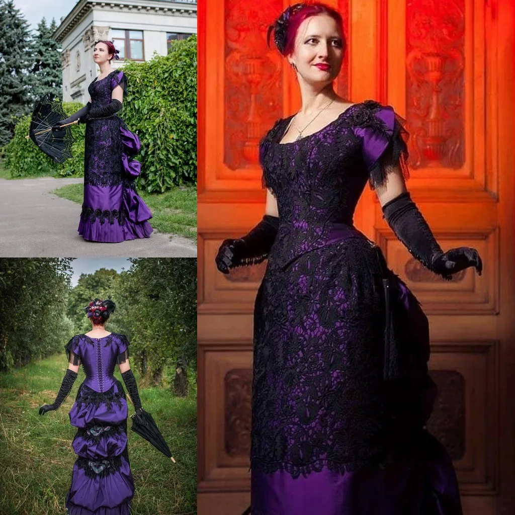 Vintage Lila und Schwarz Viktorianische Abendkleider Flügelärmel Spitze Ballsaal Ballkleider 2022 Damen Historisches Kostüm Korsett Satin Kleid für besondere Anlässe