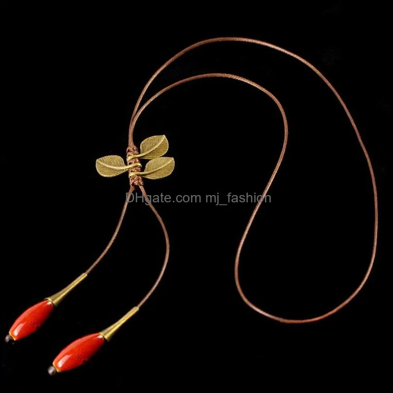 Hänge halsband miage etnisk handgjorda keramiska glasyr pärla frukt forntida brons färgfjädrar lämnar tröja halsband wome mjfashion dhq1y