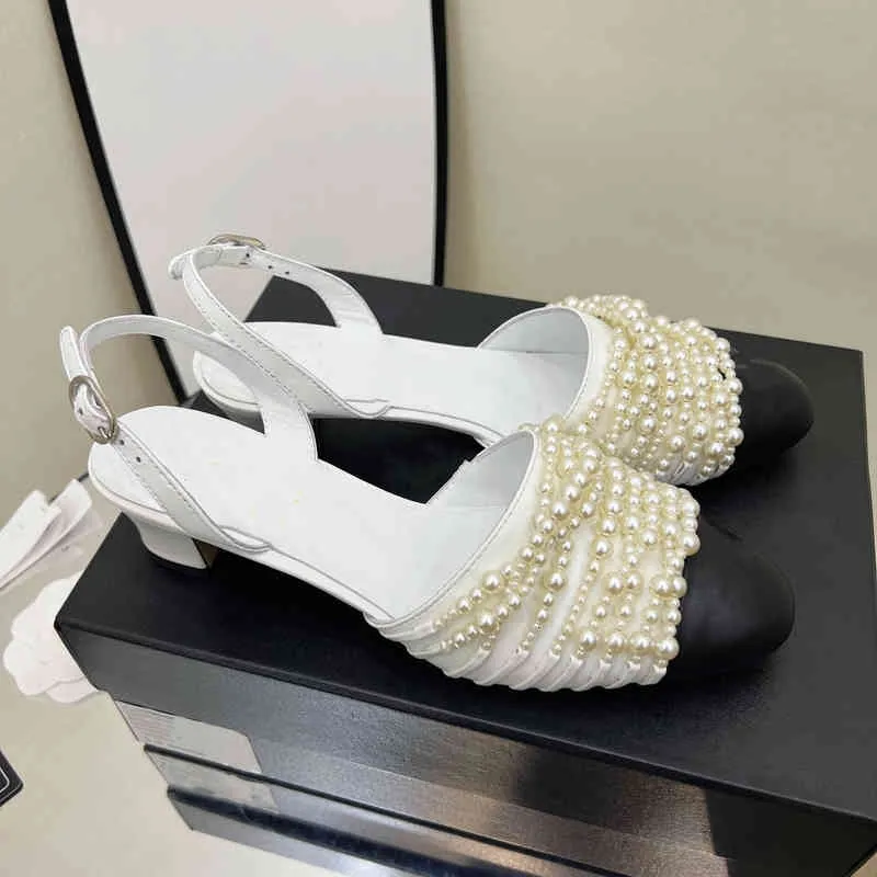 chain Sandals Pearl Baotou sandals small fragrant wind thick heel sheepskin women