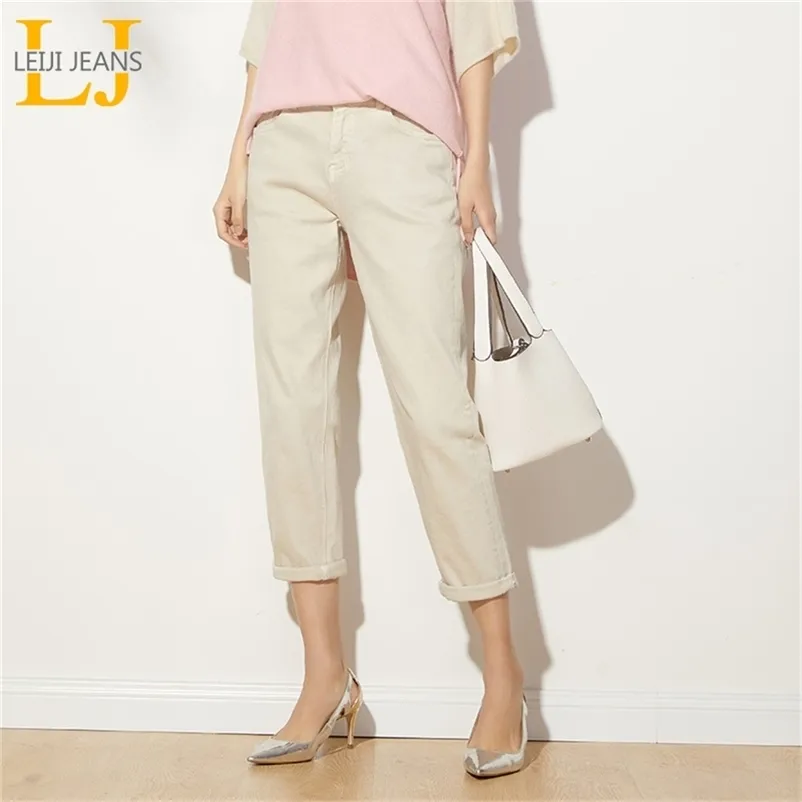 Leijijean وصول جديد بالإضافة إلى مكتب الحجم Jean High Weist Harem Loose White Capris Jeans High Street Style Women Jeans LJ200811