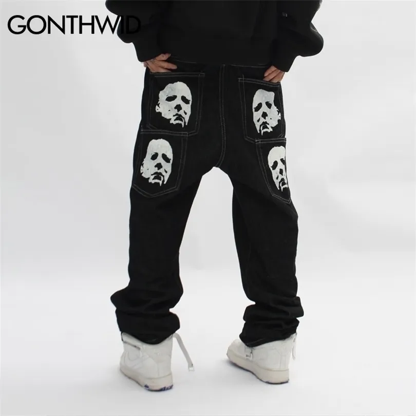 Hip Hop Gothic Denim Spods Streetwear Mens Graphic Print workowane punkowe rock dżinsy Harajuku swobodne luźne spodnie dżinsowe czarne 220718