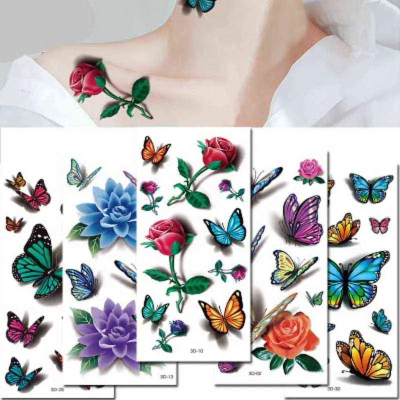 NXY Temporary Tattoo 1 Pcs Butterfly Flower Color Printing Tatouage Sticker Waterproof Arm Clavicle Body Art Disposable 0330