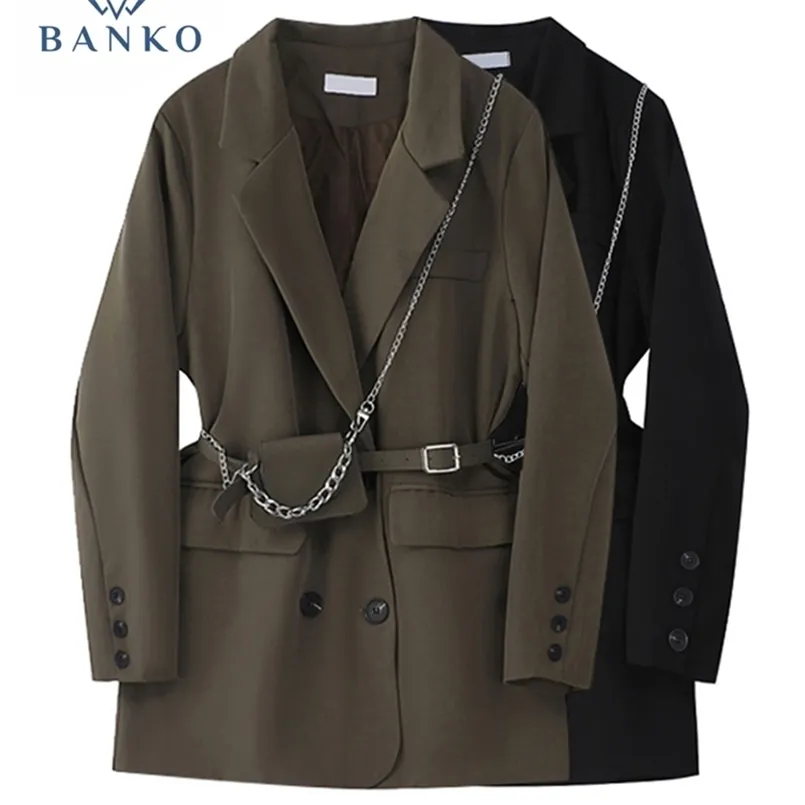Осень зима женские карманные большие размеры Blazer отворот с длинным рукавом свободные винтажные подходящие куртка с талией сумка женские пальто 220402