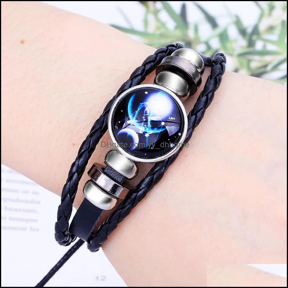 New Arrival 12 Constellations Luminous Bracelet Punk Black Leather Zodiac Bracelets Alloy Bead Snap Buttons Charm Jewelry For Women And