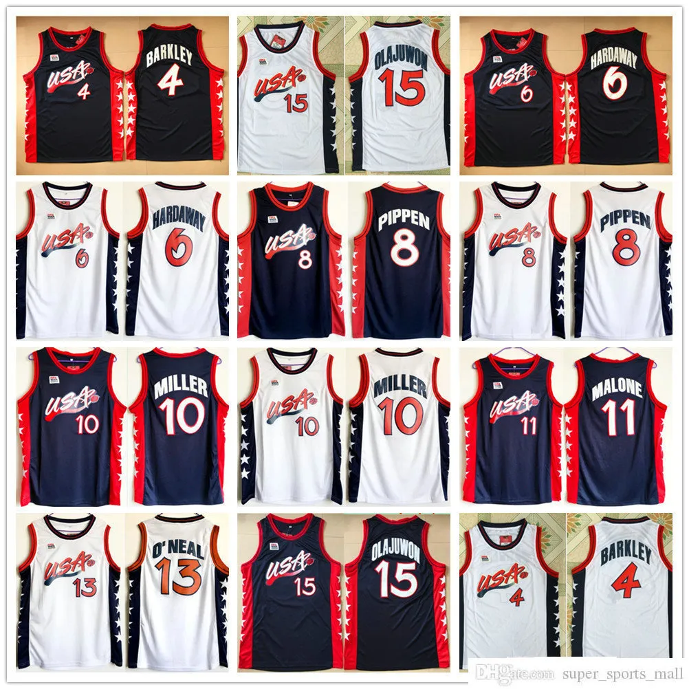 Stitched 1996 USA 드림팀 농구 유니폼 15 Hakeem Olajuwon 6 Penny Hardaway 4 Charles Barkley 10 Reggie Miller 8 Scottie Pippen 5 Grant Hill Jersey