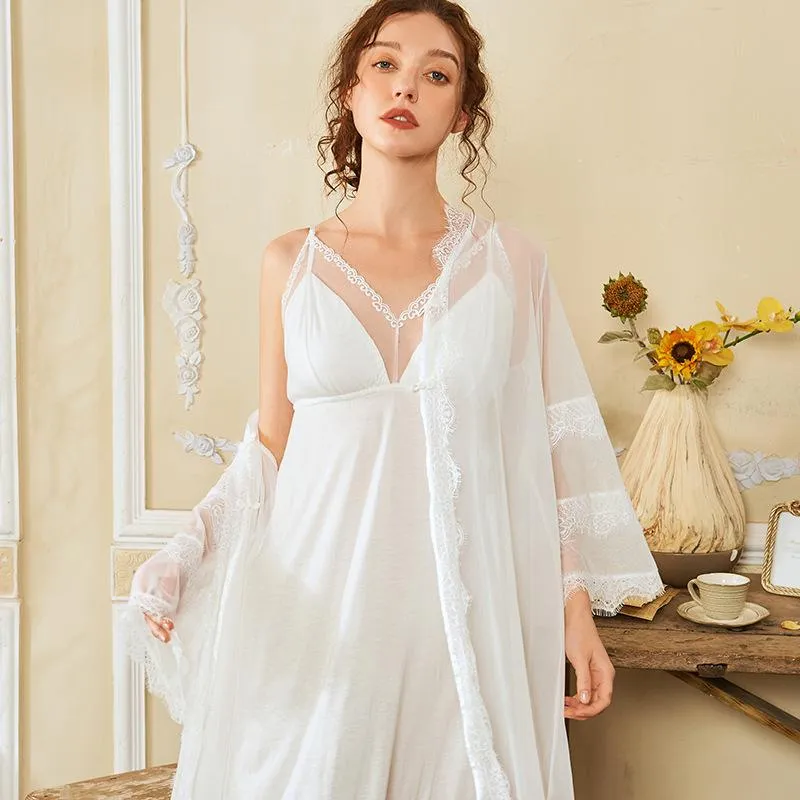 Damen-Nachtwäsche, weißes Braut-Hochzeits-Robe-Set, 2-teilig, volle Ärmel, Spitzen-Kimono-Kleid, Perspektive, Nachthemd, Bademantel, Damen-Intim-Pyjamas, Pyjama