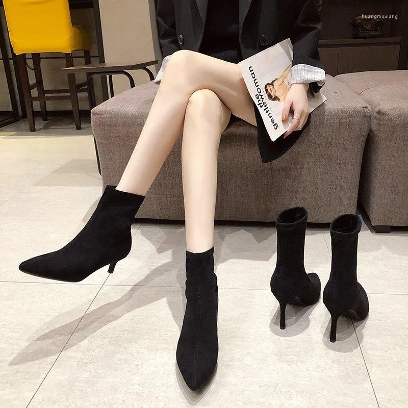 Bottes hiver printemps cheville Sexy chaussette tricot Stretch talons hauts pour femmes mode chaussures chaussons femme grande taille