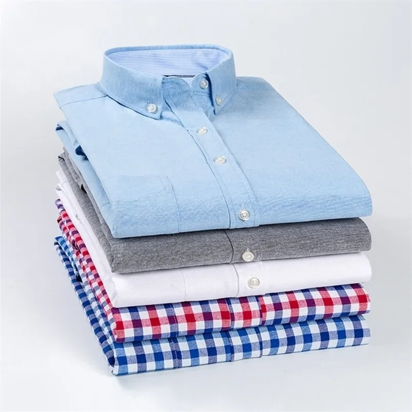 Casual Shirt Men Slim Fit 60% Bomull Oxford Plaid Top s Blouse Regular Långärmad Smarta Business Dress 220322